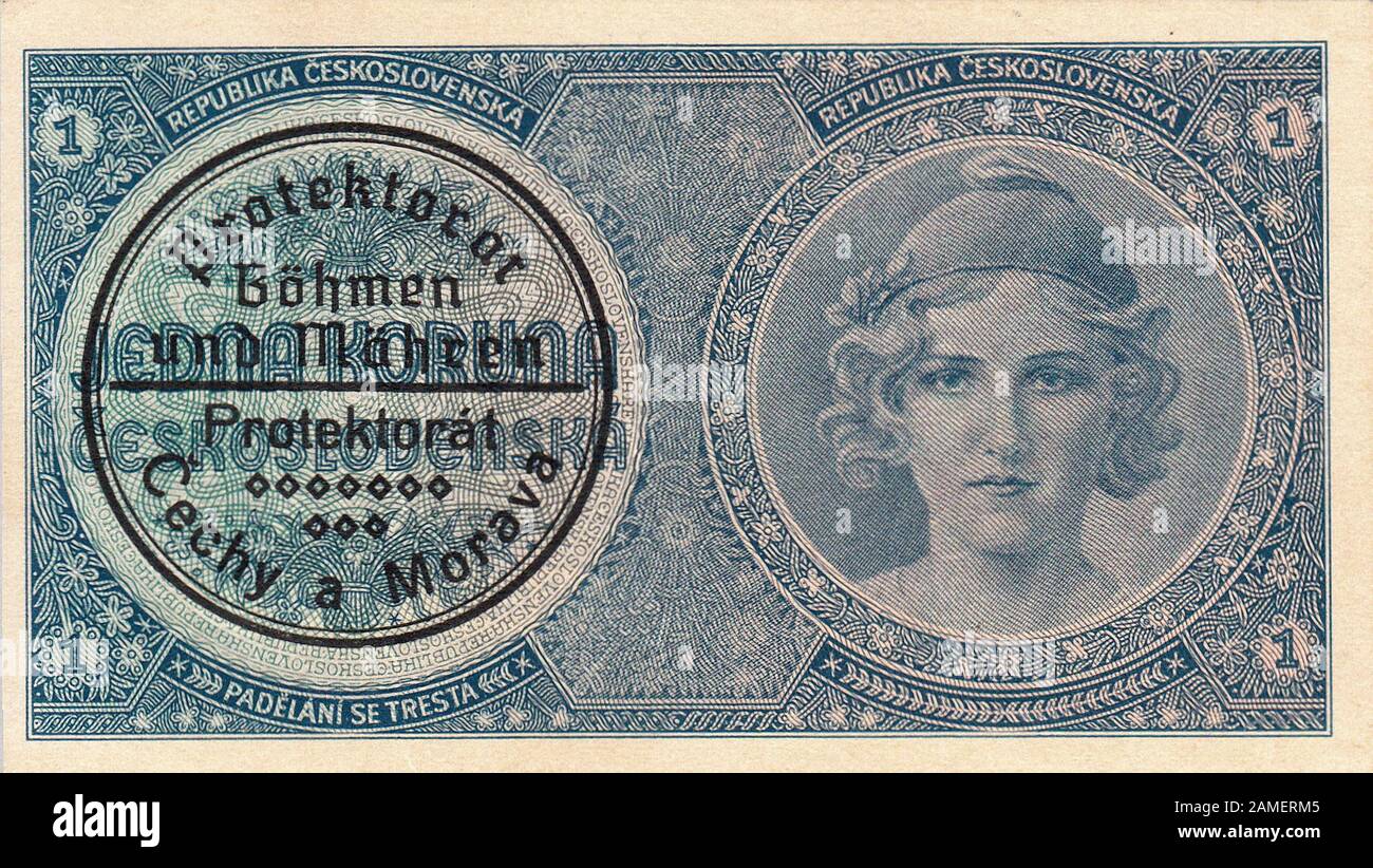 Alte Banknote der Ersten Tschechoslowakische Republik 1 CZK, die in der Zeit der deutschen Besetzung verwendet wurde. ( Protektorat Böhmen und Mähren). 1939-1945 Stockfoto