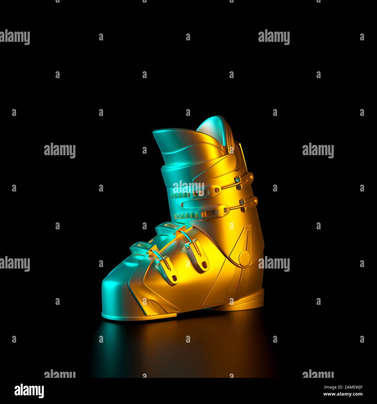 Goldfarbene Skischuhe auf schwarzem Hintergrund, Sport- und Exklusivkonzept, Luxus.3d-Rendering. Stockfoto