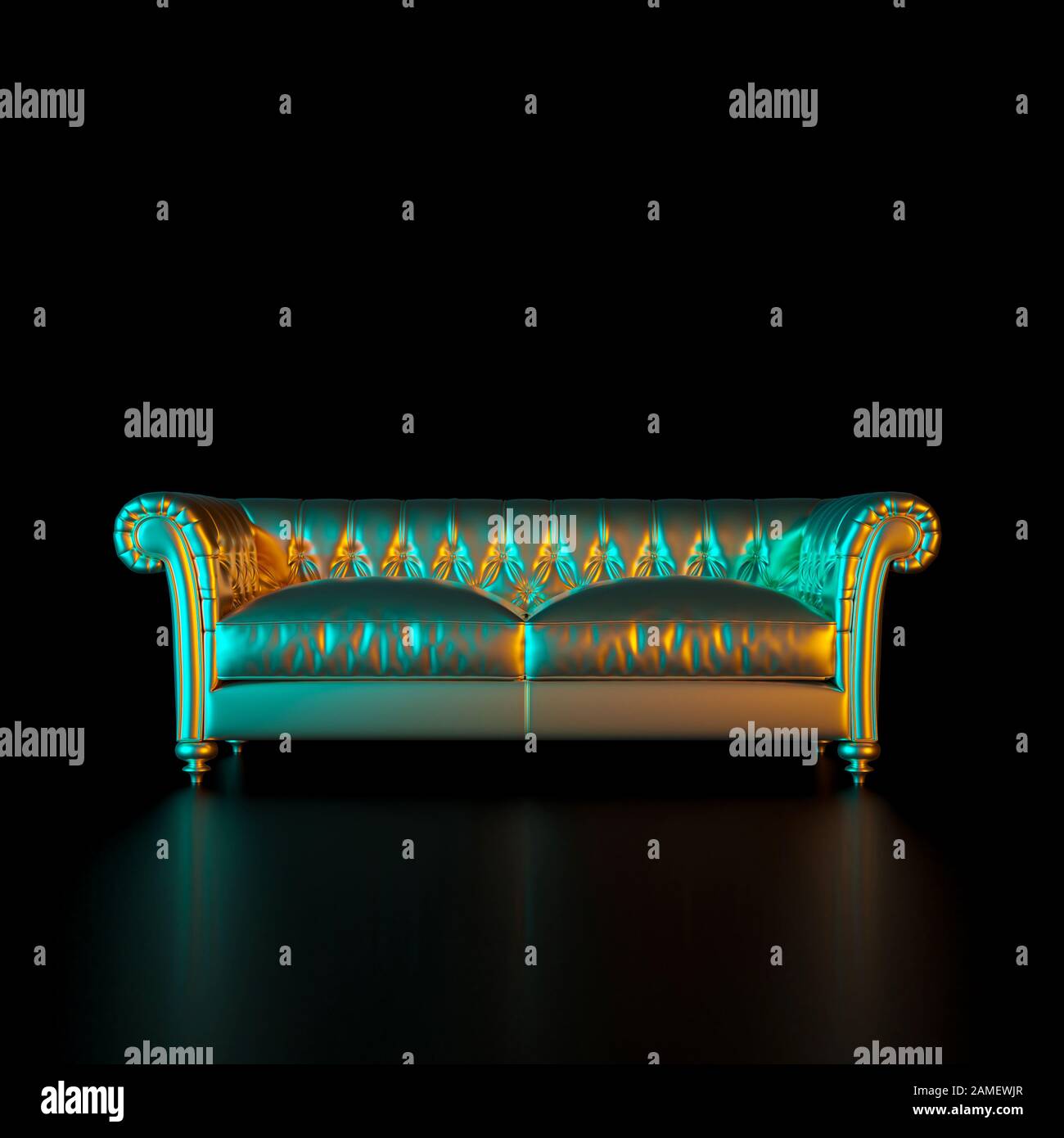 Bild eines klassischen Sofas in Goldfarbe auf schwarzem Hintergrund. Tradition, Stil und Exklusivität. Möbelindustrie. 3d r Stockfoto