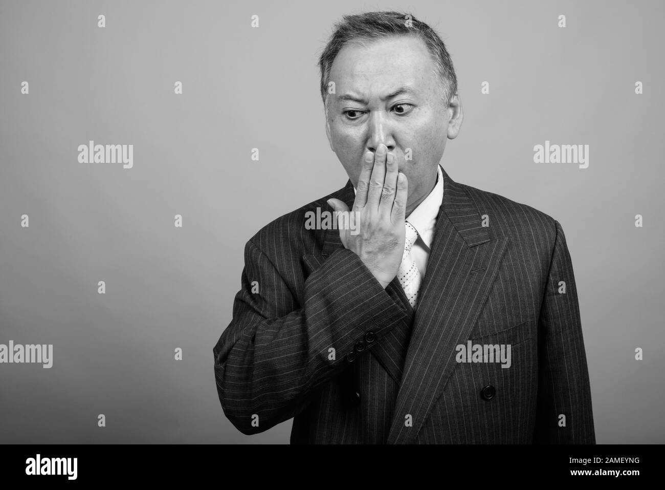 Studio schoss von reiferen asiatischen Kaufleuten vor grauem Hintergrund in Schwarz-Weiß Stockfoto