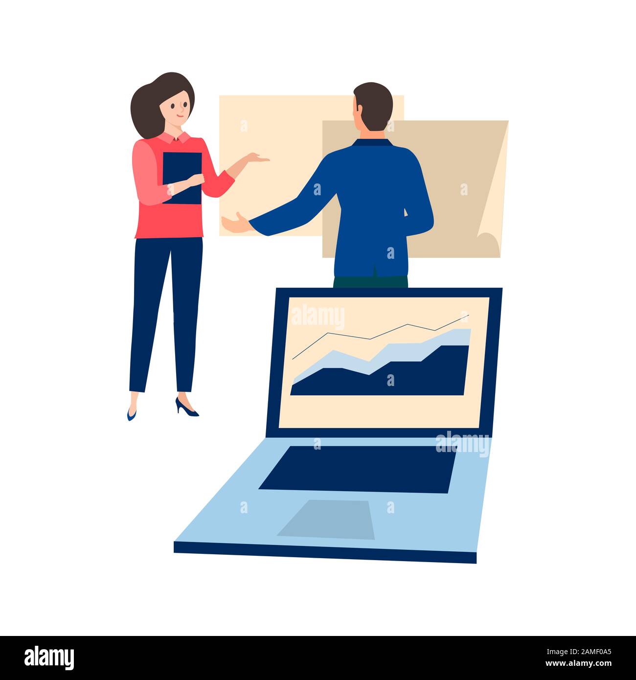Frau und Mann arbeiten an Tischen, Grafik zum weißen Hintergrunddesign. Computer im Büro. Laptop im Vordergrund mit positivem Diagramm, TH Stock Vektor