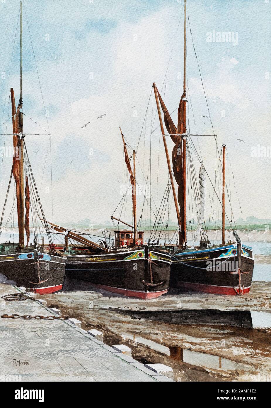 Gemälde von Themsespritsegelkähnen moored up. Stockfoto