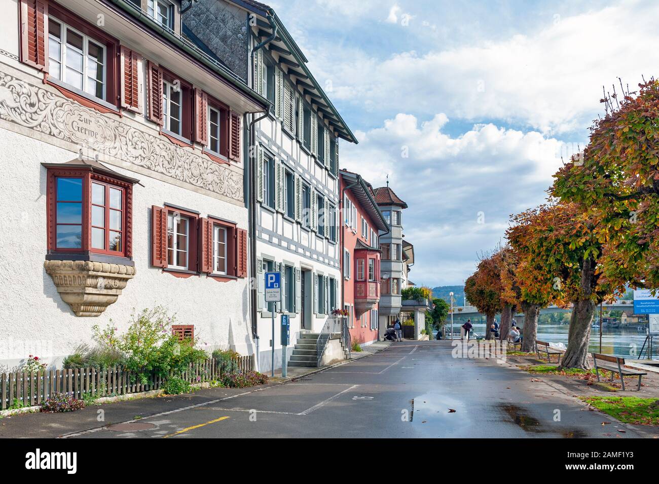 Malerische Aussicht auf Stein Am Rhein, eine kleine historische Stadt am Rhein in Schaffhausen, Schweiz Stockfoto