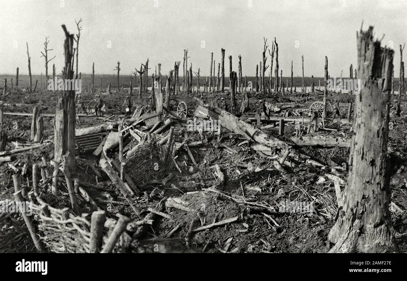 Blick auf das verwüstete Chateau Wood und den Bellewaarde Lake, im Ypern Salient in Belgien. Oktober 1917 Stockfoto