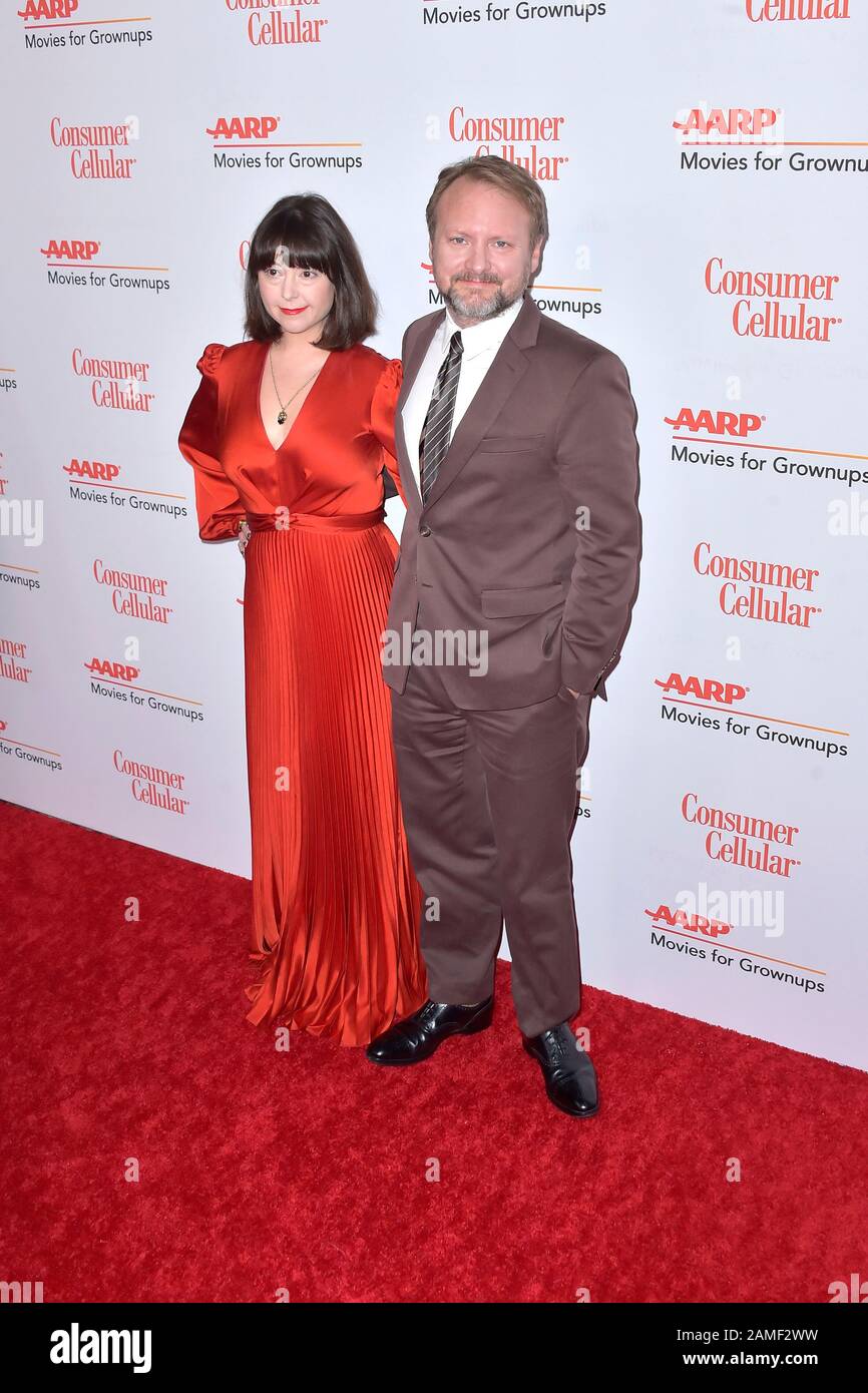 Rian Johnson mit Frau Karina Longworth bei den 19. Filmen für Grownups Awards im Hotel in Beverly Wilshire. Beverly Hills, 11. Januar 2020. Nutzung weltweit Stockfoto