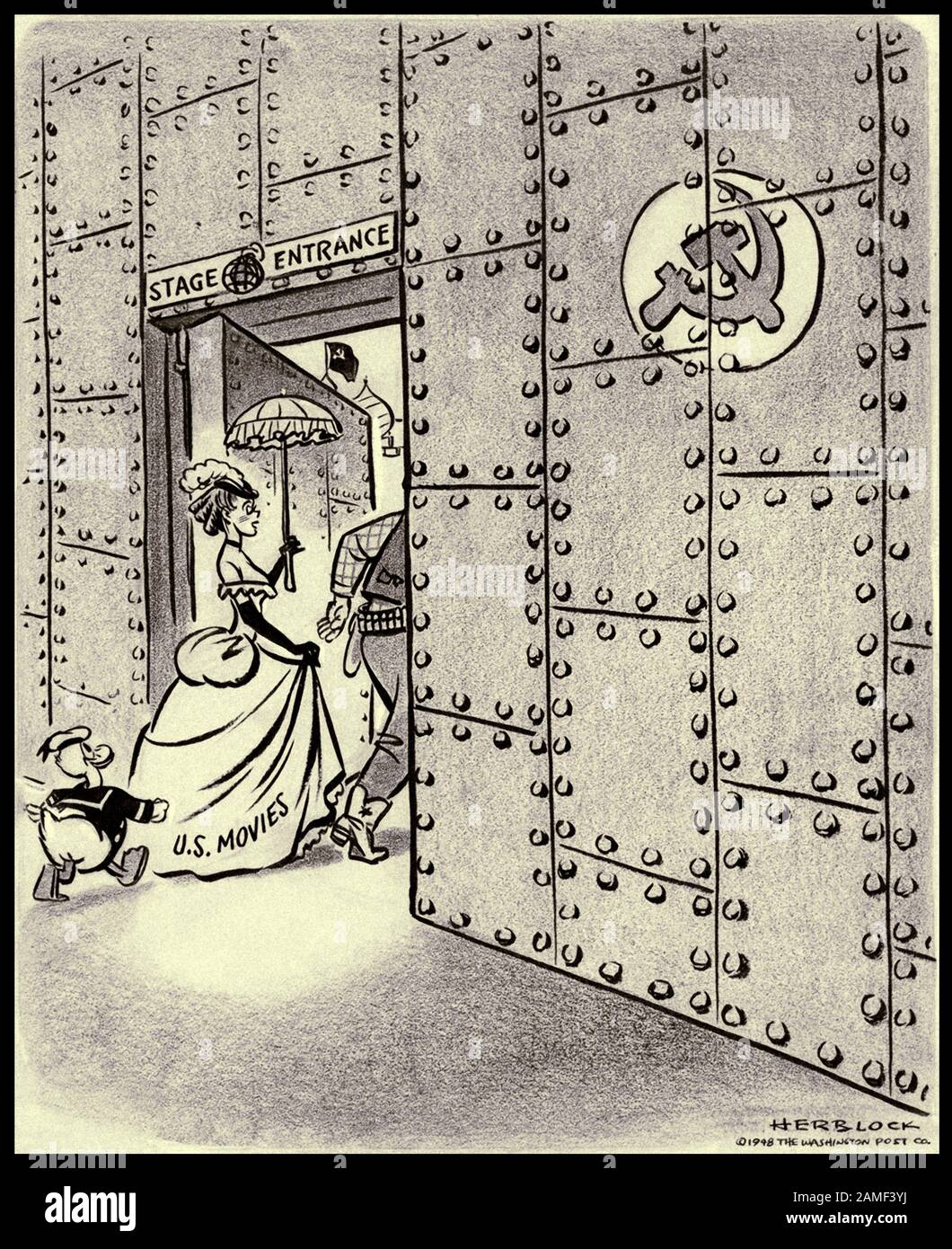 Hollywood betritt durch die Hintertür, 1948 Karikatur amerikanischer Filmverleihe in der Sowjetunion, 1948. Stockfoto