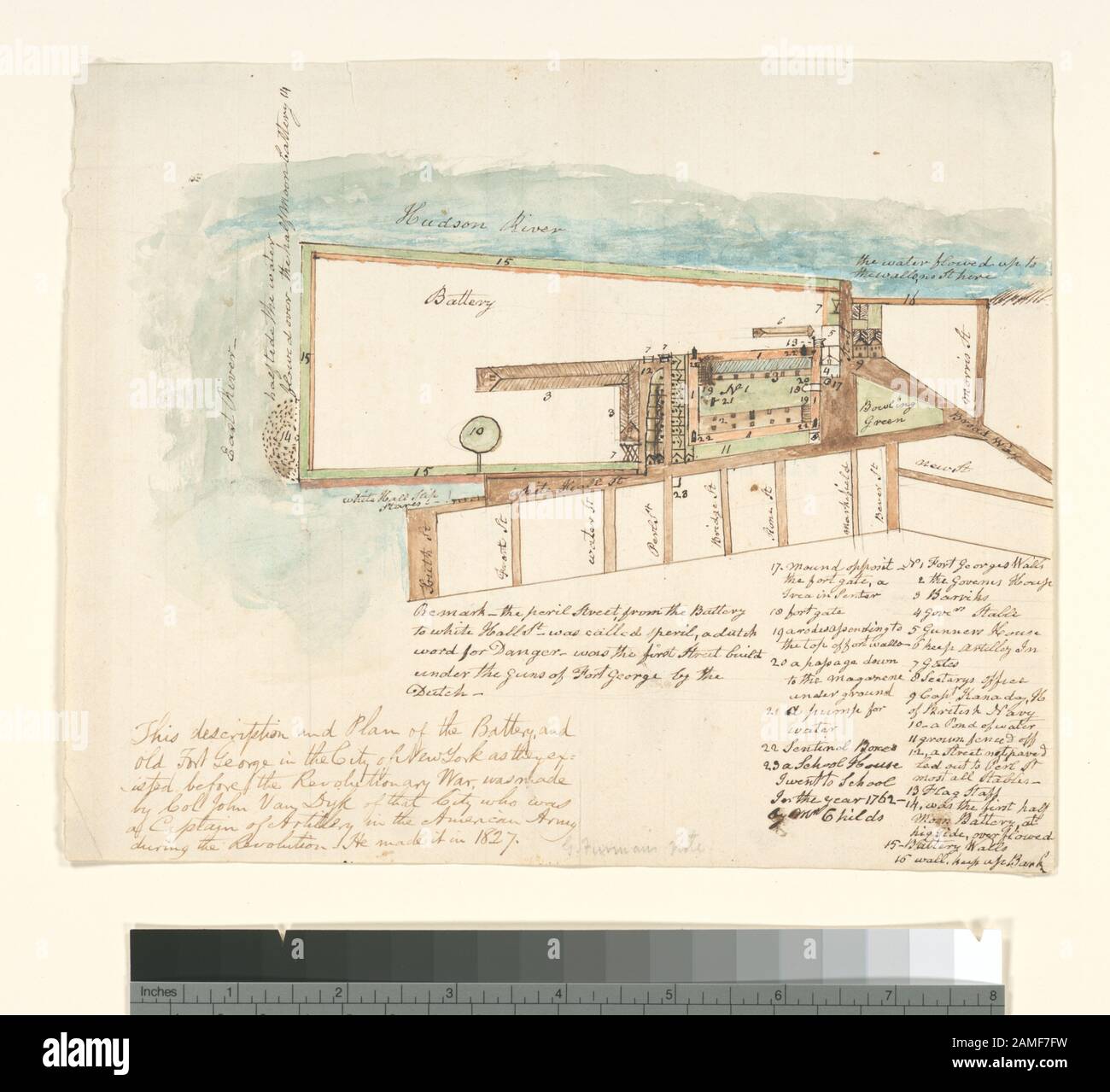 Diese Beschreibung und der Plan von The Battery und Old Fort George in der Stadt New York, wie sie vor dem Revolutionären Krieg Stokes C.1775-D-27 Zeichnung bestanden, enthält 23 Referenzen, viele zu Befestigungen. Deák 146; Diese Beschreibung und der Plan der Batterie und Des Alten Forts George in der Stadt New York, wie sie vor dem Unabhängigkeitskrieg bestanden Stockfoto