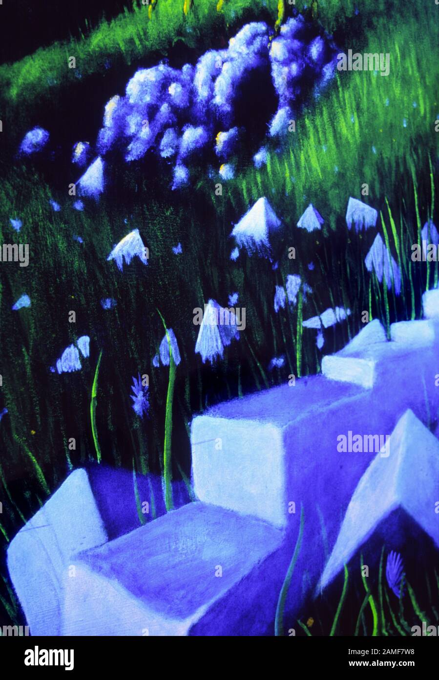 Felsstufen und Höhleneingang in ultra Violet, UV Trompe l ' oeil, 50 Aston Street, Oxford, UK 2004 lackiert Stockfoto