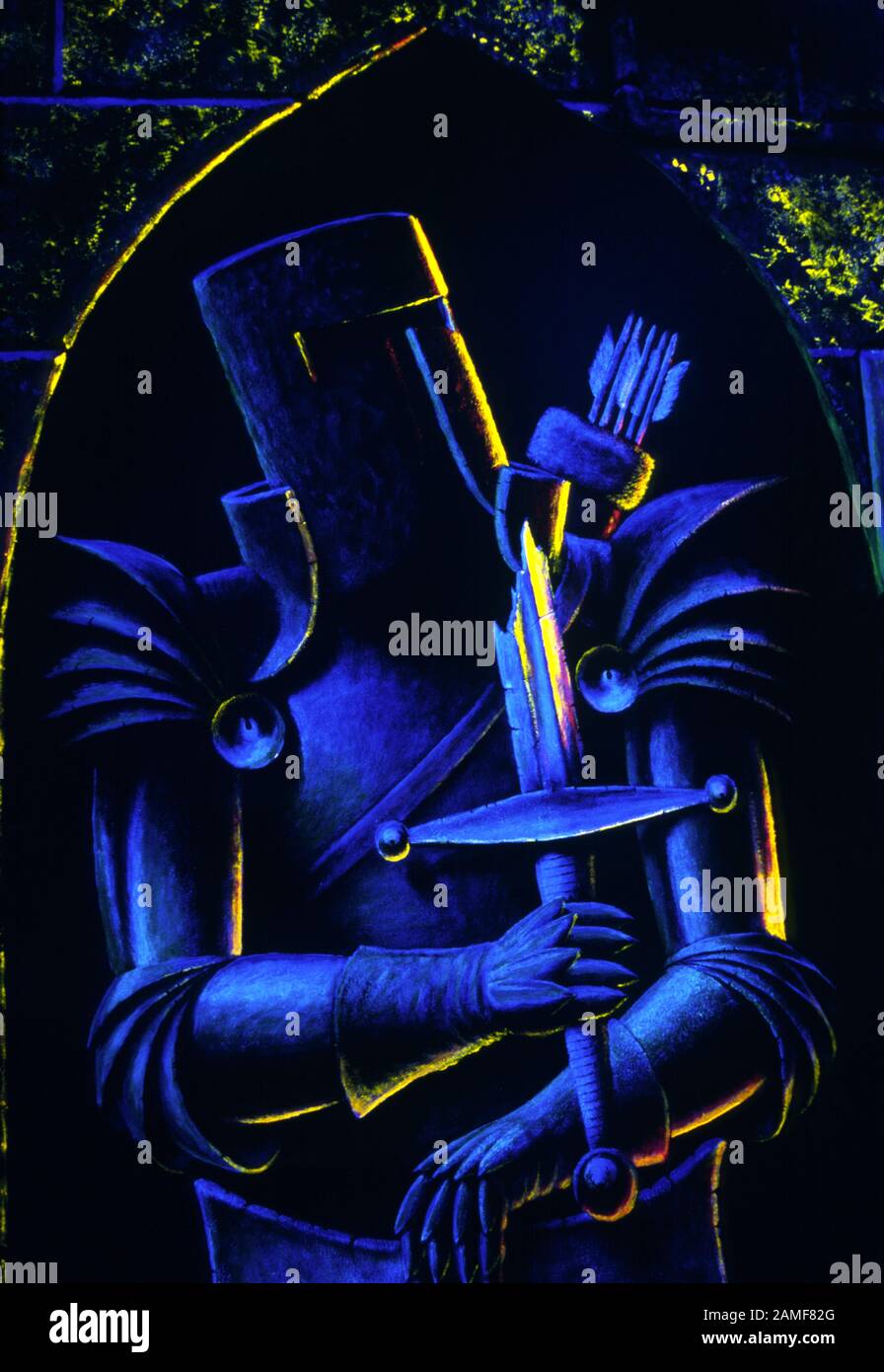 Sir Real, Porträt von einem Ritter in Rüstung gemalt in ultra Violet, UV Trompe l ' oeil, 50 Aston Street, Oxford, England 2004 Stockfoto