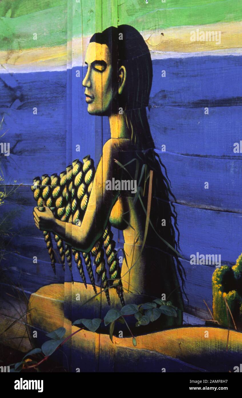 Traurig, dass Meerjungfrau Frau mit geschlossenen Augen sitzt musizieren, gemalt in Ultra Violet auf ein Gartenzaun 50 Aston St, Oxford, UK 2004 Stockfoto