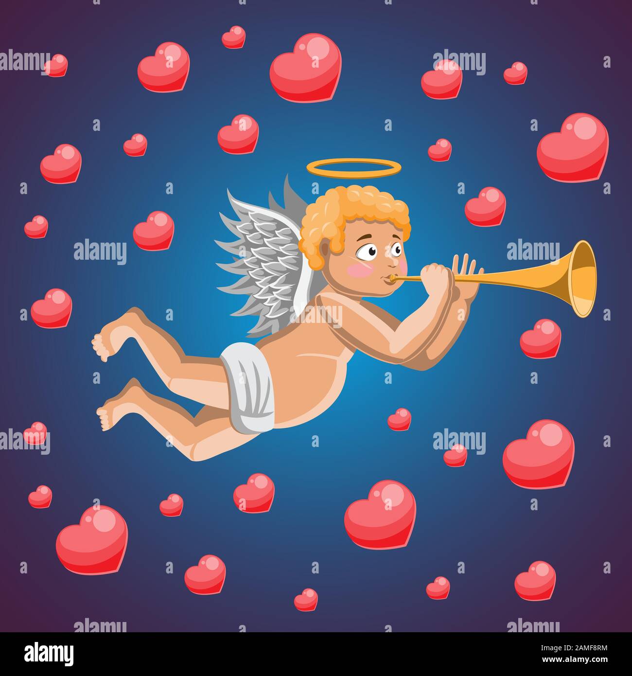 Der Charakterengel mit Flügeln musikalische Trompete fliegt auf blauem, isoliertem Hintergrund mit Herzen. Vektorbild. Cartoon Stock Vektor