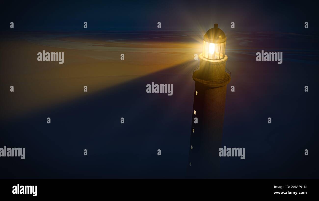 Leuchtturm mit strahlendem Lichtstrahl in der blauen dunklen Nacht. 3D-Abbildung. Stockfoto