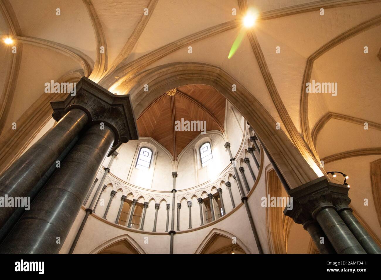 Die Temple Church, Temple, Central London, Mother Church of the Common Law. Bekannt für seine Verbindungen zu den Templer und Magna Carta. Stockfoto