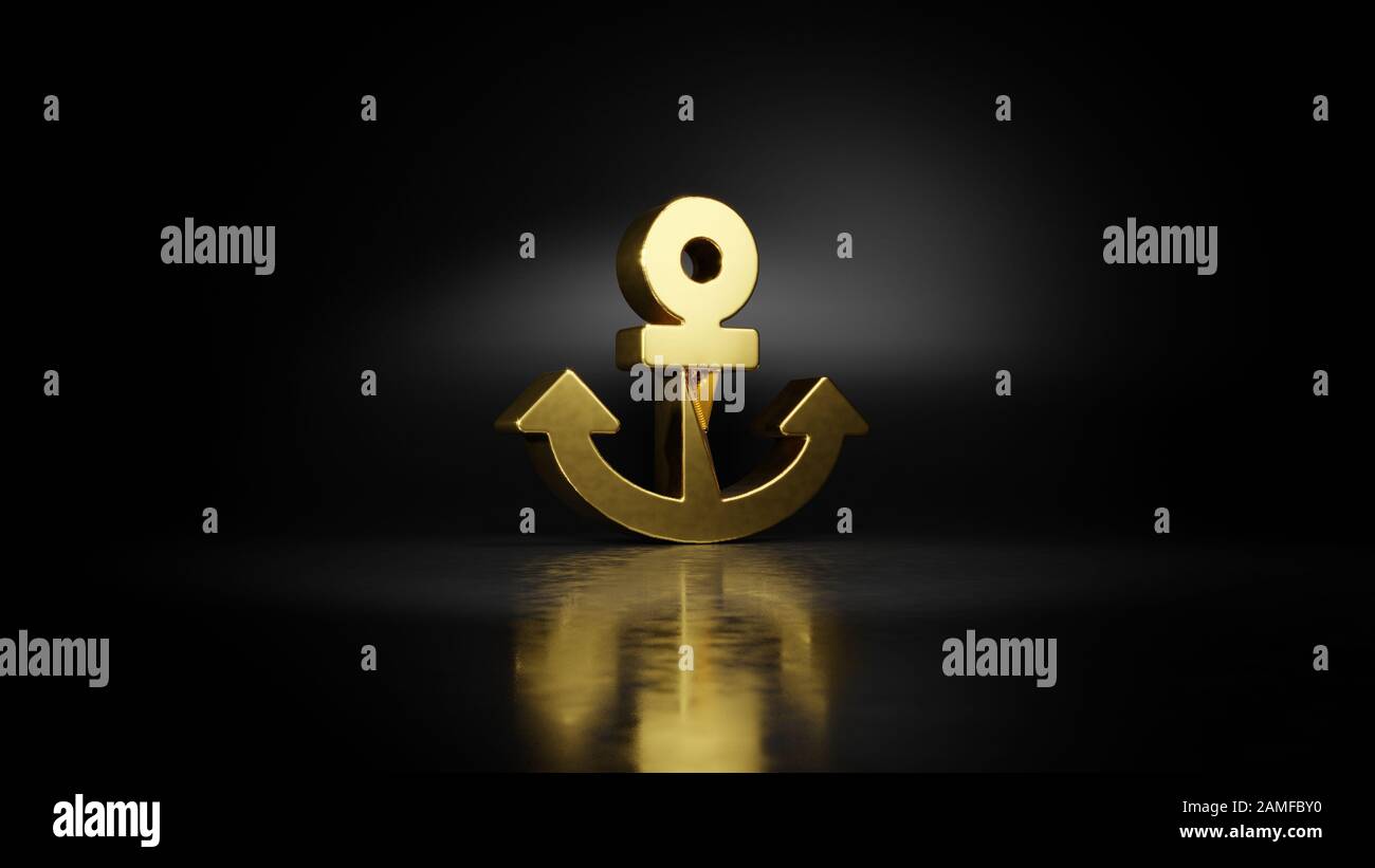 Goldenes Metallsymbol für die 3D-Ankerdarstellung mit verschwommener Reflexion auf dem Boden mit dunklem Hintergrund Stockfoto