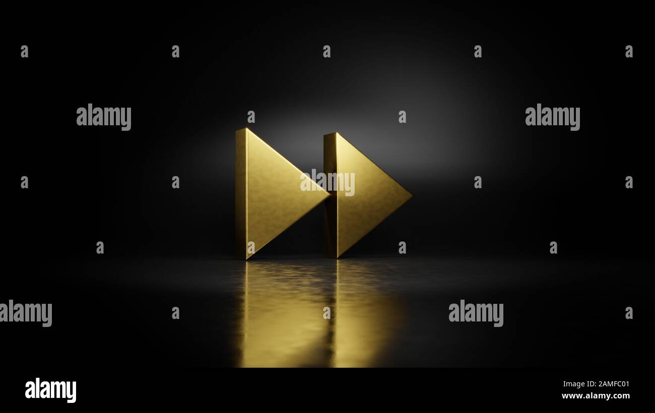 Goldenes Metallsymbol für doppelte schnelle nach-rechts-Dreieckspfeile 3D-Rendering mit verschwommener Reflexion auf dem Boden mit dunklem Hintergrund Stockfoto