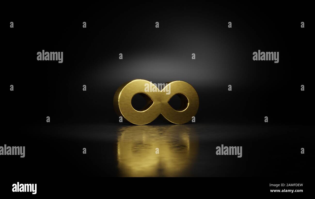 Goldenes Metallsymbol für die 3D-Wiedergabe von Infinity-Zeichen mit verschwommener Reflexion auf dem Boden mit dunklem Hintergrund Stockfoto