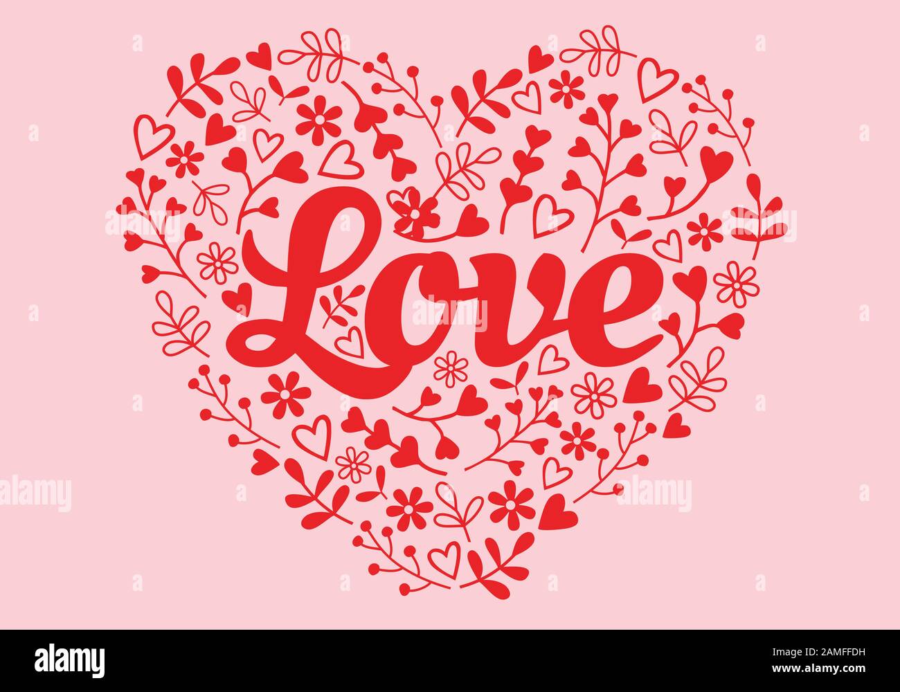 Herz mit Liebe und handgezeichneten Blumenelementen, Vektorgrafiken für Valentinskarten, Aufkleber Stock Vektor