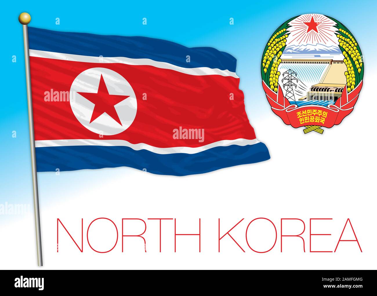 Offizielle Flagge und Wappen Nordkoreas, asiatisches Land, Vektorgrafiken Stock Vektor