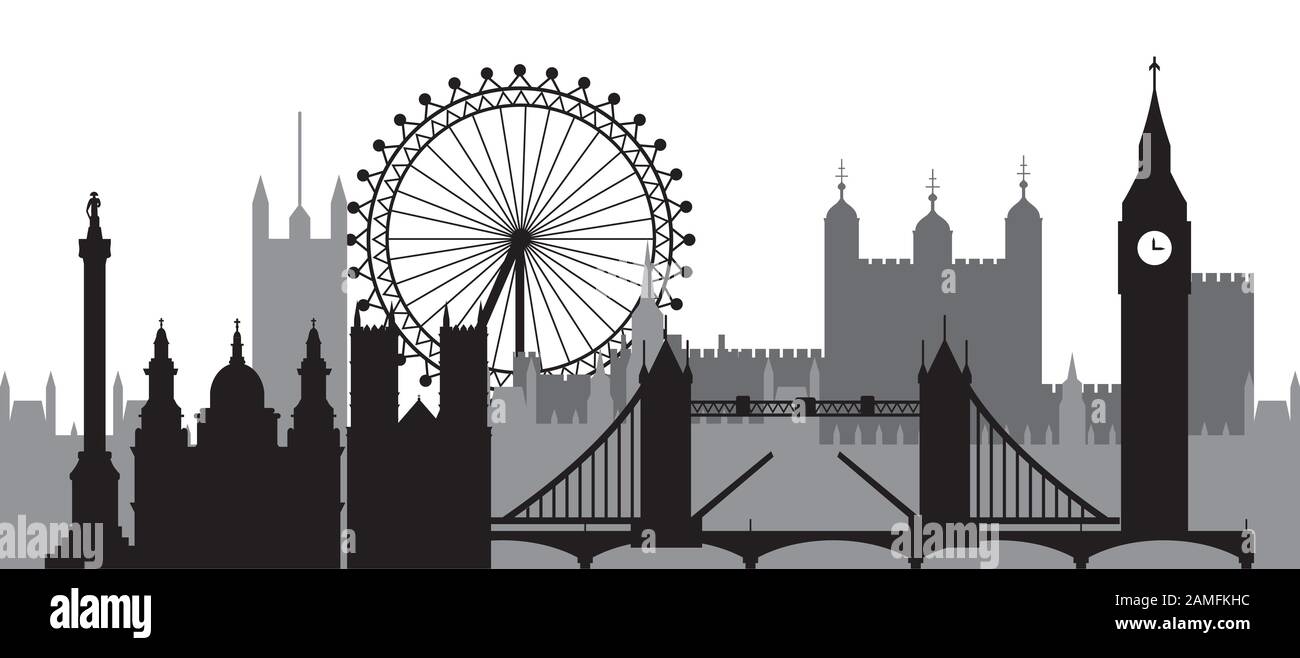 Monochrome Silhouetten-Vektorgrafiken der Londoner Skyline in schwarz-grauen Farben, isoliert auf weißem Hintergrund. Panorama-Vektor-Silhouette Illus Stock Vektor