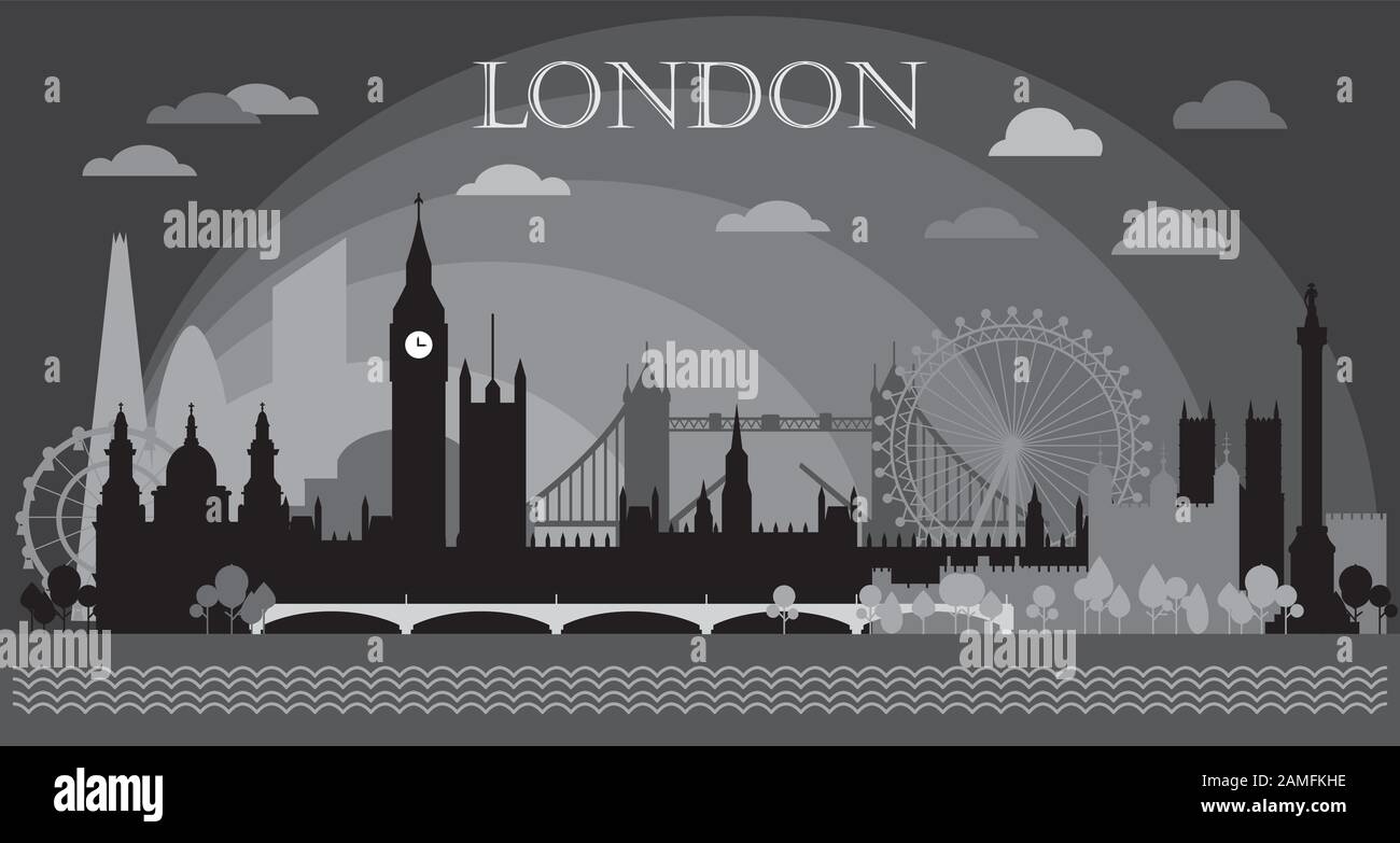 Monochrome Silhouetten-Vektorgrafiken der Londoner Skyline in schwarz-grauen Farben isoliert auf grauem Hintergrund. Panorama-Vektor-Silhouette Illust Stock Vektor
