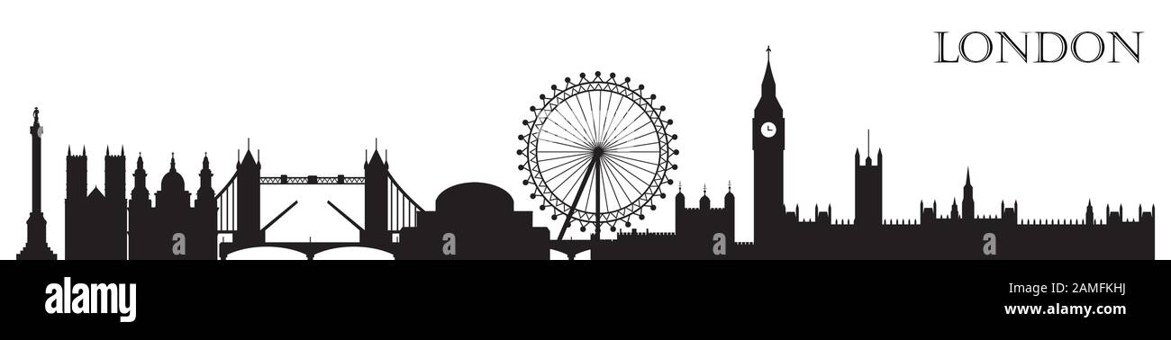 Monochrome Silhouetten-Vektorgrafiken der Londoner Skyline in schwarzer Farbe, isoliert auf weißem Hintergrund. Umriss Panorama-Vektor-Silhouette illustrr Stock Vektor