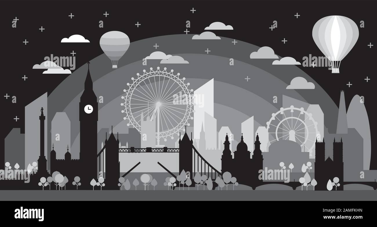London City im Sonnenuntergang Silhouette Vektorgrafiken in schwarzen und grauen Farben isoliert auf schwarzem Hintergrund. Panorama-Vektor-Silhouette Illus Stock Vektor