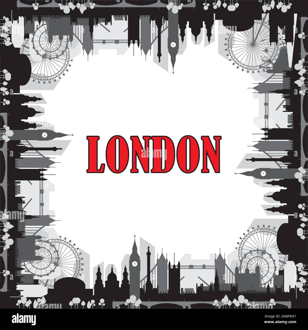 London City Skyline Silhouette Vector Square geschlossene Abbildung in schwarzen und grauen Farben isoliert auf weißem Hintergrund. Quadratische Vektor-Silhouette Illus Stock Vektor