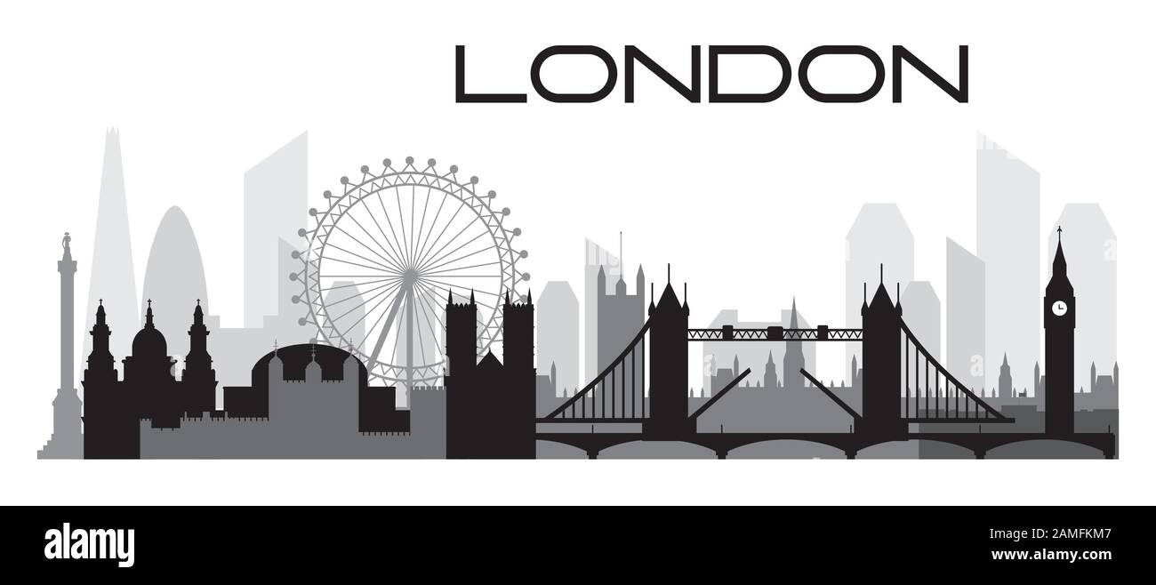 Die Skyline der Stadt London umreißt die Silhouetten-Vektorgrafiken in schwarzen und grauen Farben, die auf weißem Hintergrund isoliert sind. Panorama-Vektor-Silhouette Illustra Stock Vektor