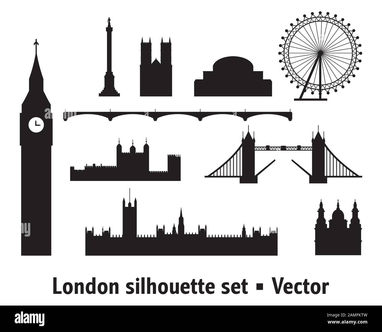 Vector Set von Wahrzeichen Londons. City-Skyline-Vektorgrafiken in schwarzen Farben isoliert auf weißem Hintergrund. Umriss der Vektorsilhouette il Stock Vektor