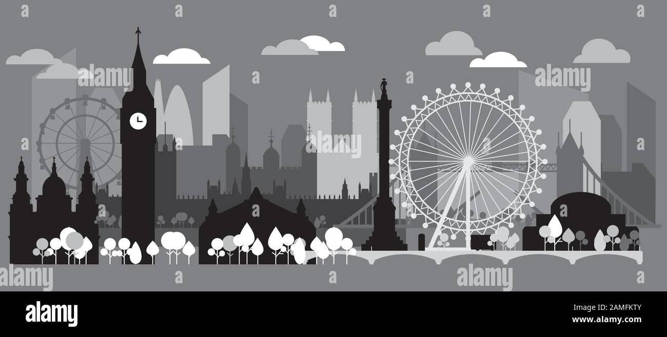 Silhouetten-Vektorgrafiken der Skyline von London in schwarz-grauen Farben isoliert auf grauem Hintergrund. Abbildung der Silhouette des Panorama-Vektors mit l Stock Vektor