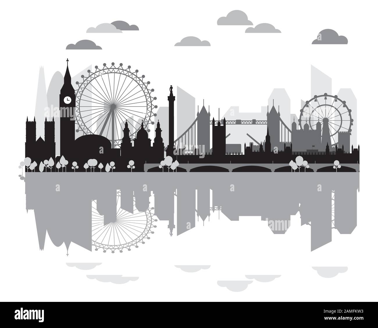 Monochrome Silhouette der Londoner City mit Reflektion, Vektorgrafiken in schwarz-grauen Farben isoliert auf weißem Hintergrund. Umrisse von Panoramaansichten Stock Vektor