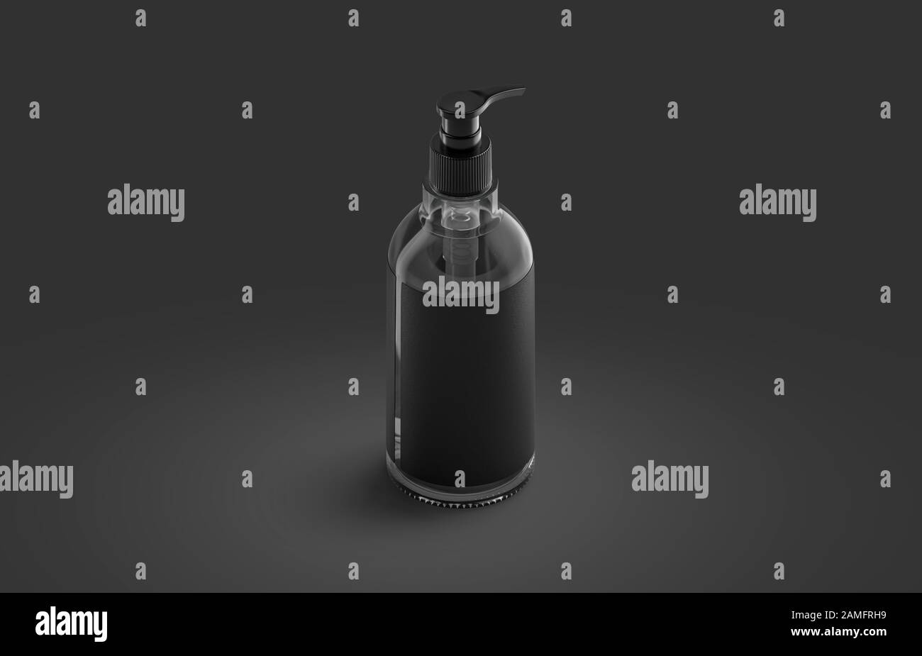 Leere transparente Glas-Pumpe Flasche mit schwarzem Etikett Mockup Stockfoto