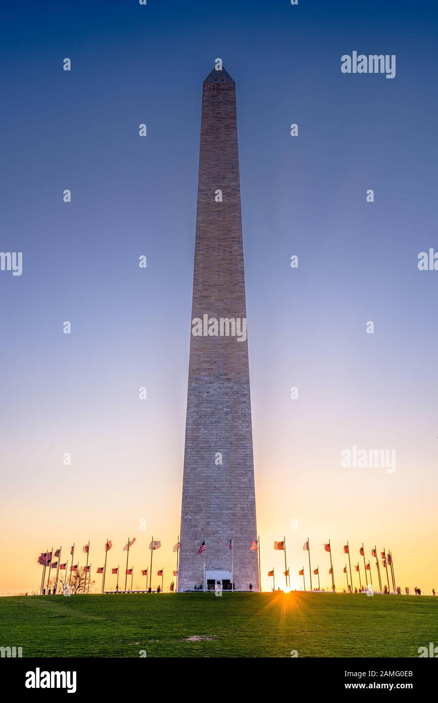 Washington DC, USA am Washington Monument bei Sonnenuntergang. Stockfoto