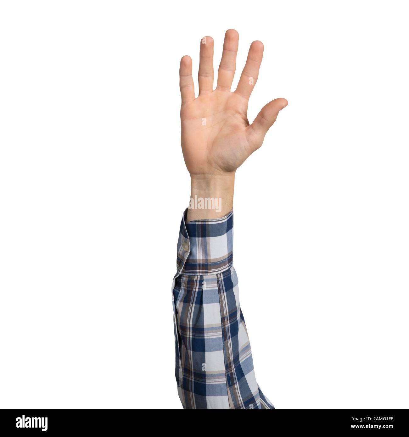 Hand in blau kariertem Hemd palm angezeigt Stockfoto