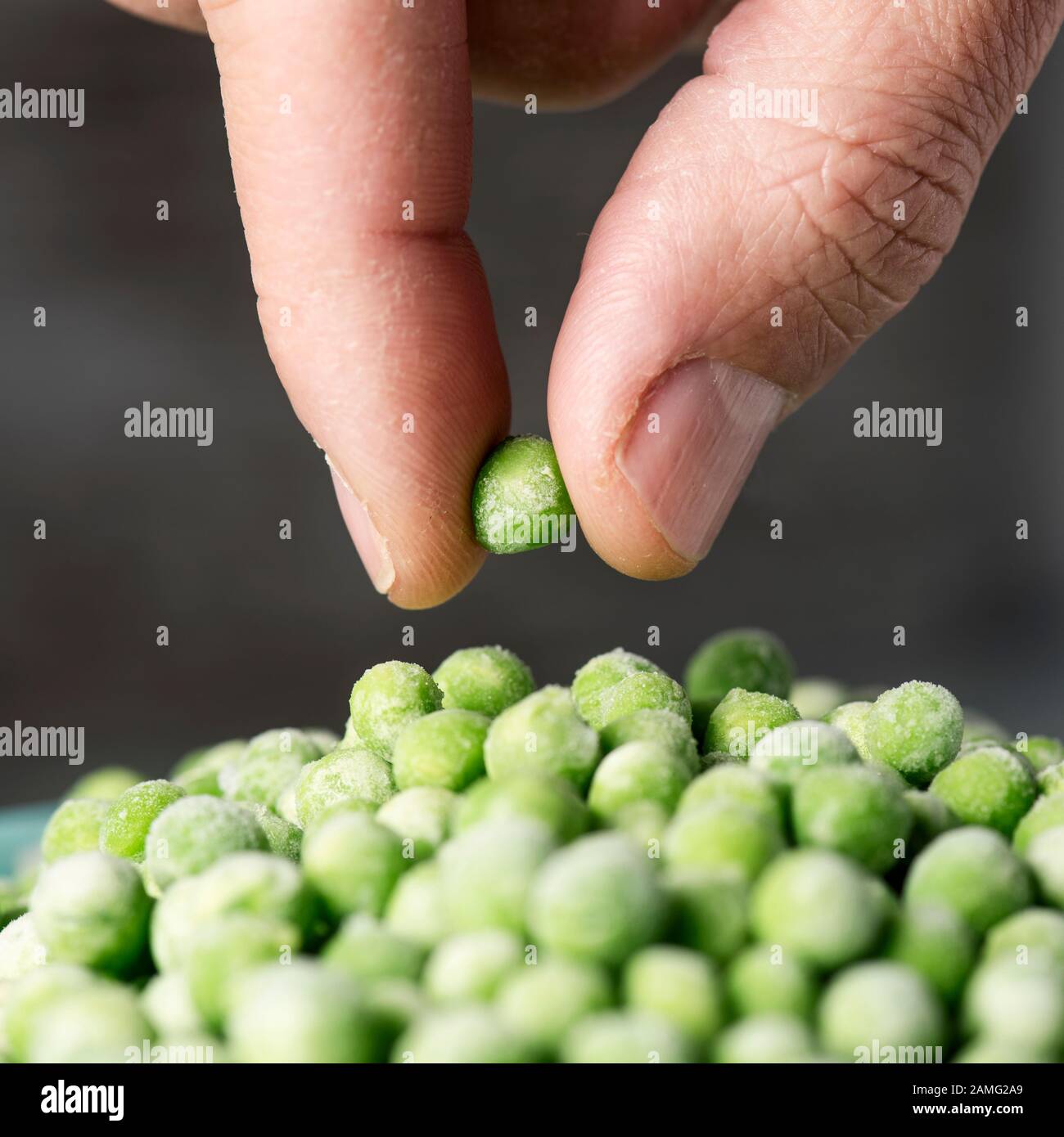 Nahaufnahme eines Mannes, der einen grünen Erbsen von einem Stapel gefrorener grüner Erbsen pflückt Stockfoto