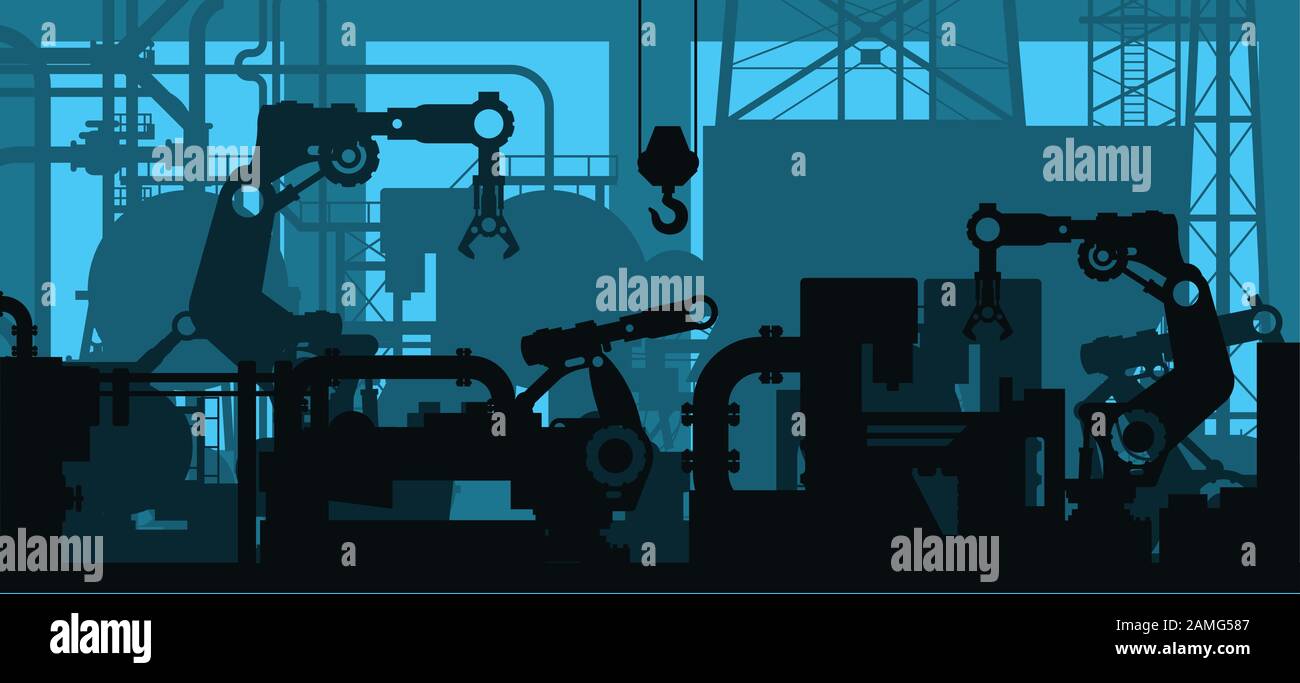 Inneneinrichtung der Industrieanlagen, Fabrikfertigung - Fertigungsabteilung mit Werkzeugsilhouetten Stock Vektor