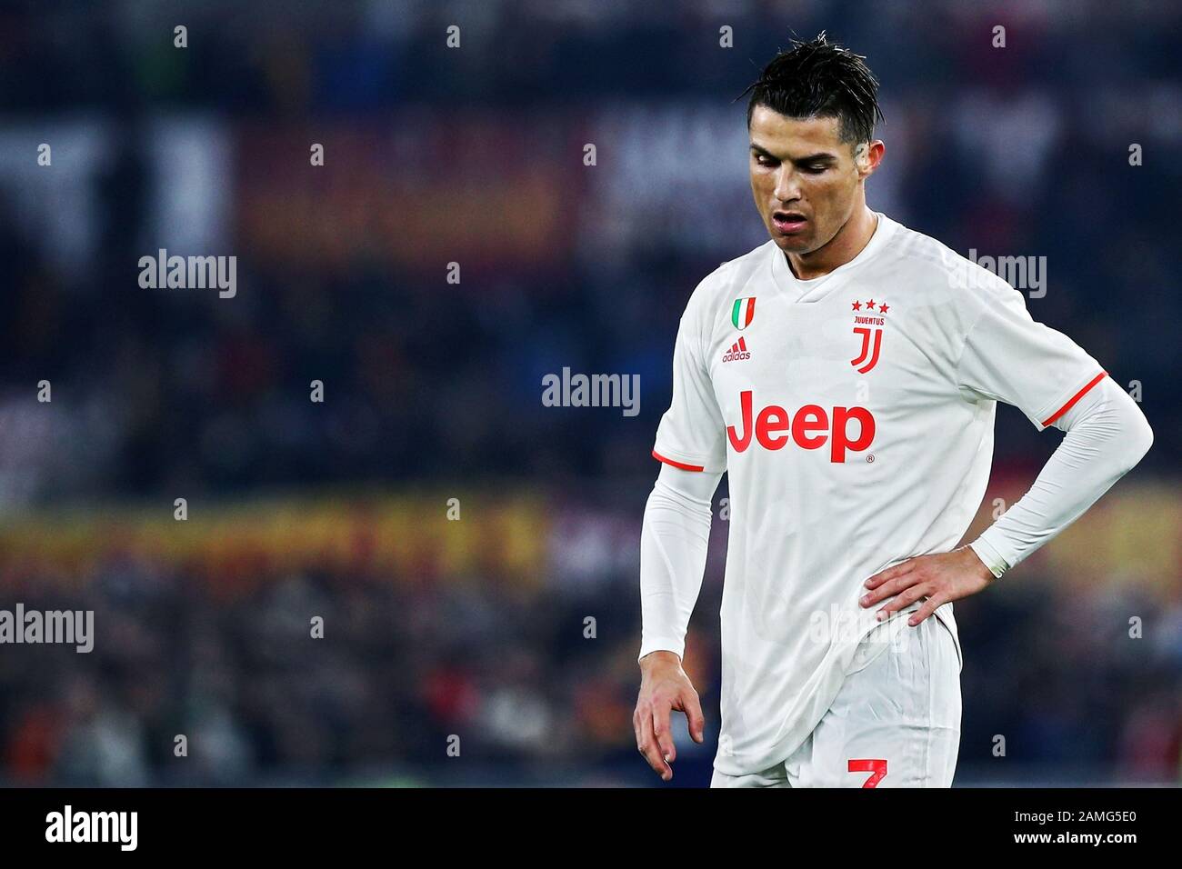 Cristiano Ronaldo von Juventus reagiert während des italienischen Champions-League-Fußballspiels zwischen AS Roma und Juventus am 12. Januar 2020 im Stadio Olimpico in Rom, Italien - Foto Federico Proietti/ESPA-Imaes Stockfoto