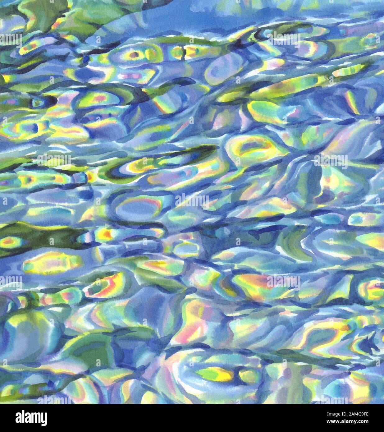 Sonnige Wasser mit transparenten Wellen Aquarell Hintergrund Stockfoto