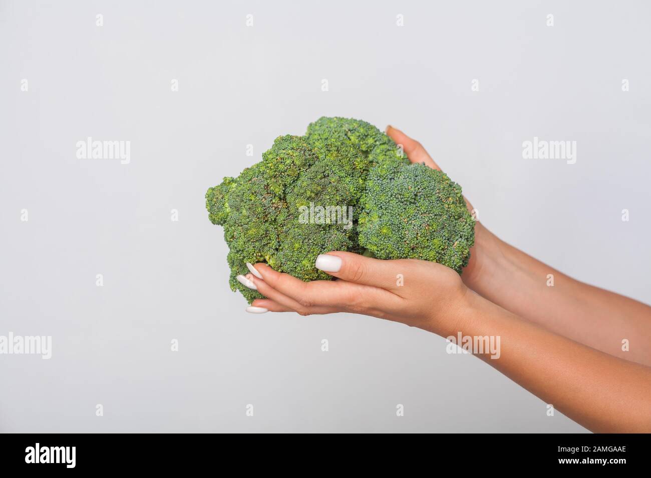 Nahaufnahme von weiblichen Händen mit großen grünen Brokkoli, frischem Rohgemüse, Konzept für gesundes Essen und vegetarische Ernährung, kalorienarme Ernährung. I Stockfoto