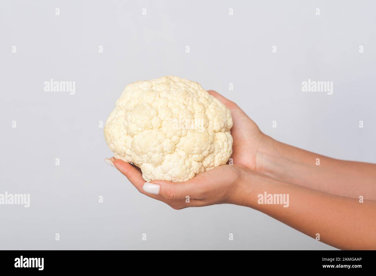 Nahaufnahme der weiblichen Hände mit großem weißen Blumenkohl, frischem Rohgemüse, gesundem Esskonzept und vegetarischer Ernährung, kalorienarme Ernährung Stockfoto