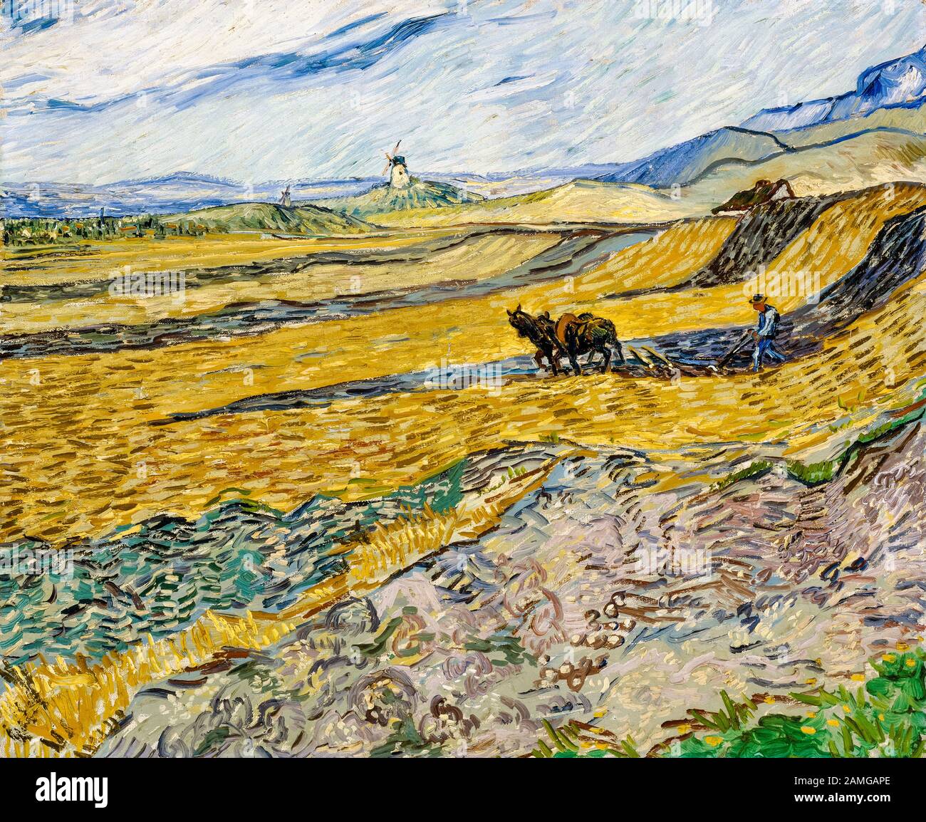 Vincent Van Gogh, Umzäuntes Feld mit Plowman, Landschaftsgemälde, 1889 Stockfoto