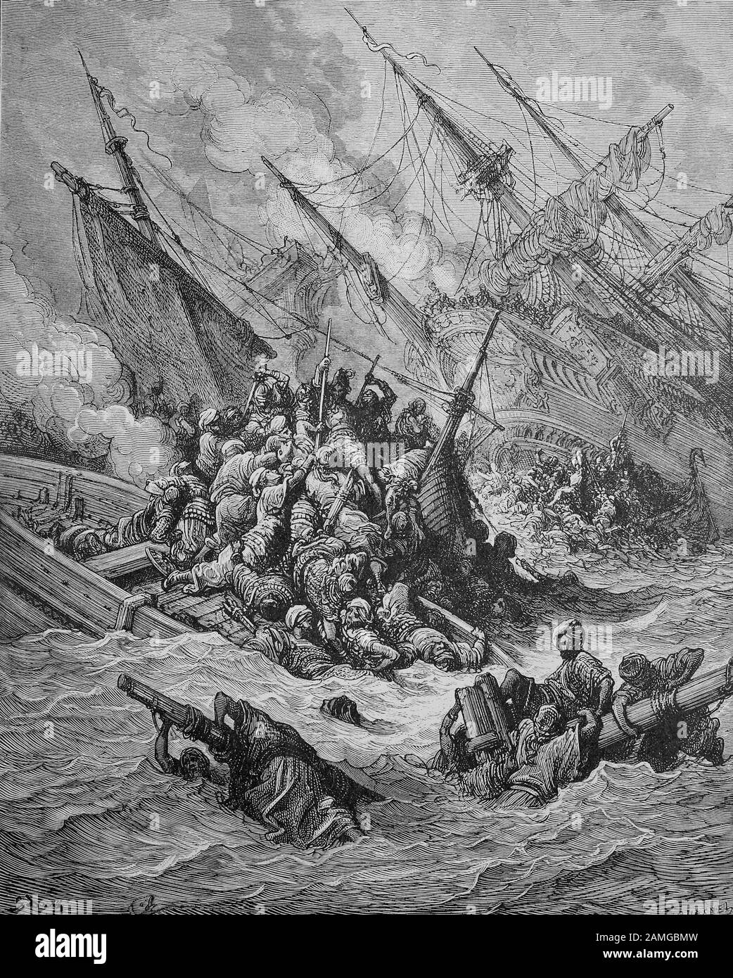 Die Kreuzzüge waren eine Reihe von Religionskriegen in Westasien und Europa, die von der katholischen Kirche initiiert, unterstützt und manchmal geleitet wurden. Die Schlacht von Lepanto war ein Marine-Engagement, das am 7. Oktober 1571 stattfand, als eine Flotte der Heiligen Liga, Angeführt von der Venetianischen Republik und dem spanischen Reich, erlitt die Flotte des Osmanenreiches im Golf von Patras, Griechenland, Seeschlacht von Lepanto am 7. Oktober 1571 im Ionischen Meer vor dem Eingang zum Golf von Patras bei Lepanto (grieslich Nafpaktos) im heutigen Griechenland statt, Originaldruck aus dem 19. Jahrhundert Stockfoto