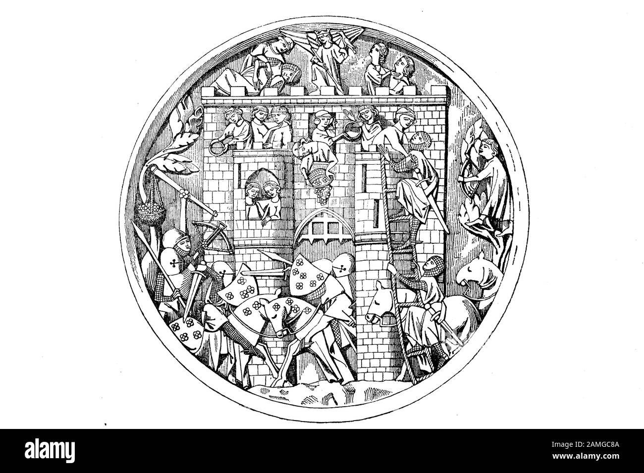 Die Burg der höfischen Liebe, eine mittelalterliche europäische literarische Konzeption der Liebe, die Adel und Edelmut hervorhob / die Minneburg, elfenbeinerne Spiegelkapsel aus dem Kloster Reun, historisch, digital verbesserte Wiedergabe eines Originals aus dem 19. Jahrhundert / Digitale Produktion einer Originallerie aus dem 19. Jahrhunderts Stockfoto