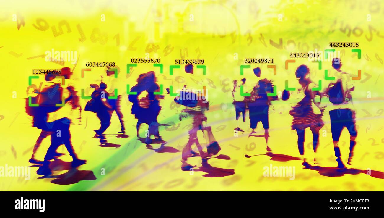 Gesichtserkennungstechnologie Konzept Abbildung: große Daten- und Sicherheit in der Stadt mit Masse Stockfoto