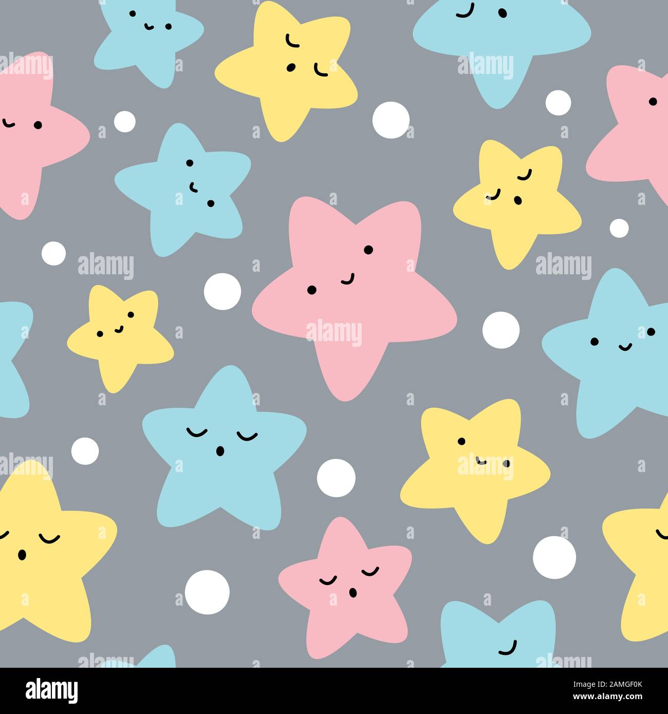 Mehrfarbige kawaii-Sterne, süßes, nahtloses Muster für Babys, Kindermuster. Vektordarstellung auf grauem Hintergrund. Stock Vektor