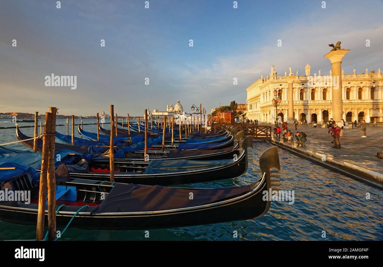 Mehrere Fotografen, vermutlich Touristen, fotografieren an einem schönen sonnigen Novembermorgen Gondeln vor dem Markusplatz in Venedig. Stockfoto