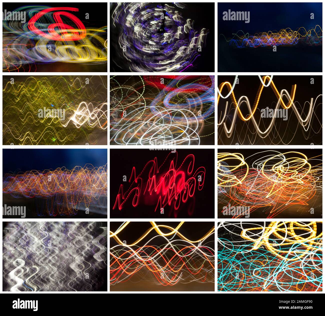 Satz abstrakter, verschwommener, bunter Lichteffekte auf schwarzem Hintergrund. Fotos mit langer Belichtung und bewegter Kamera. Volle Größe. Stockfoto