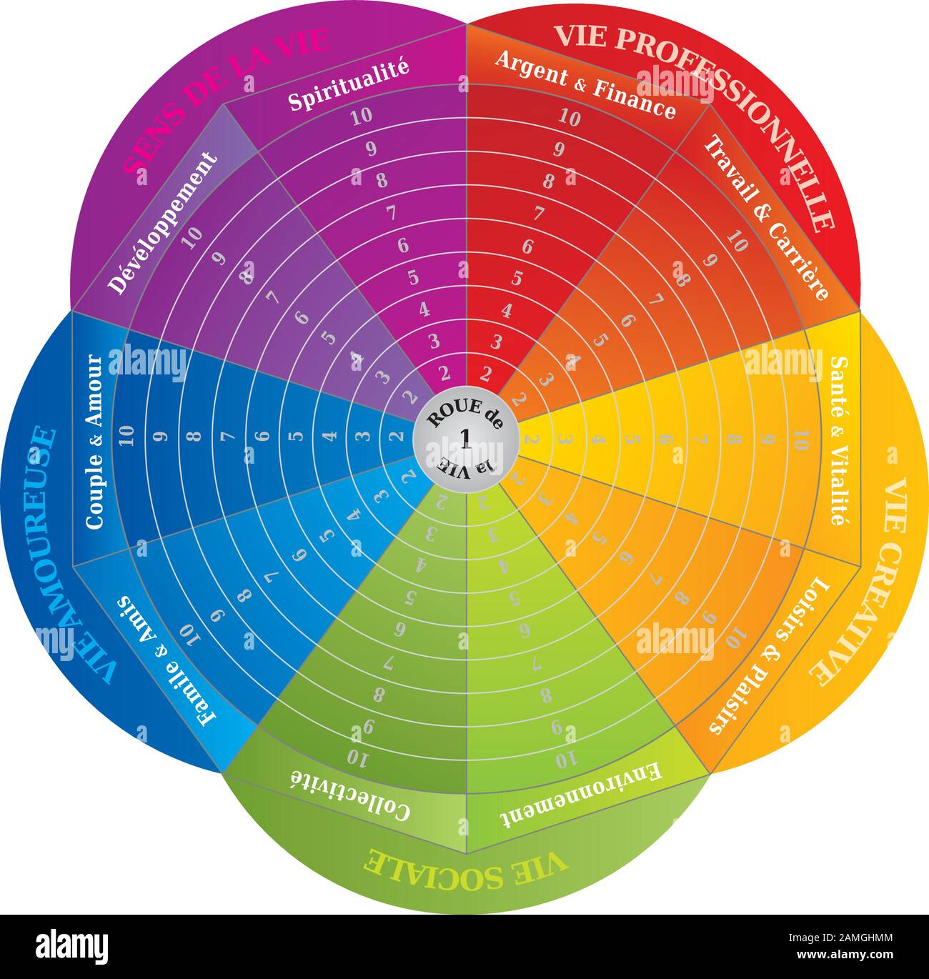 Rad des Lebens - Diagramm - Coaching Tool in Rainbow Colors - Französisch Sprache Stock Vektor