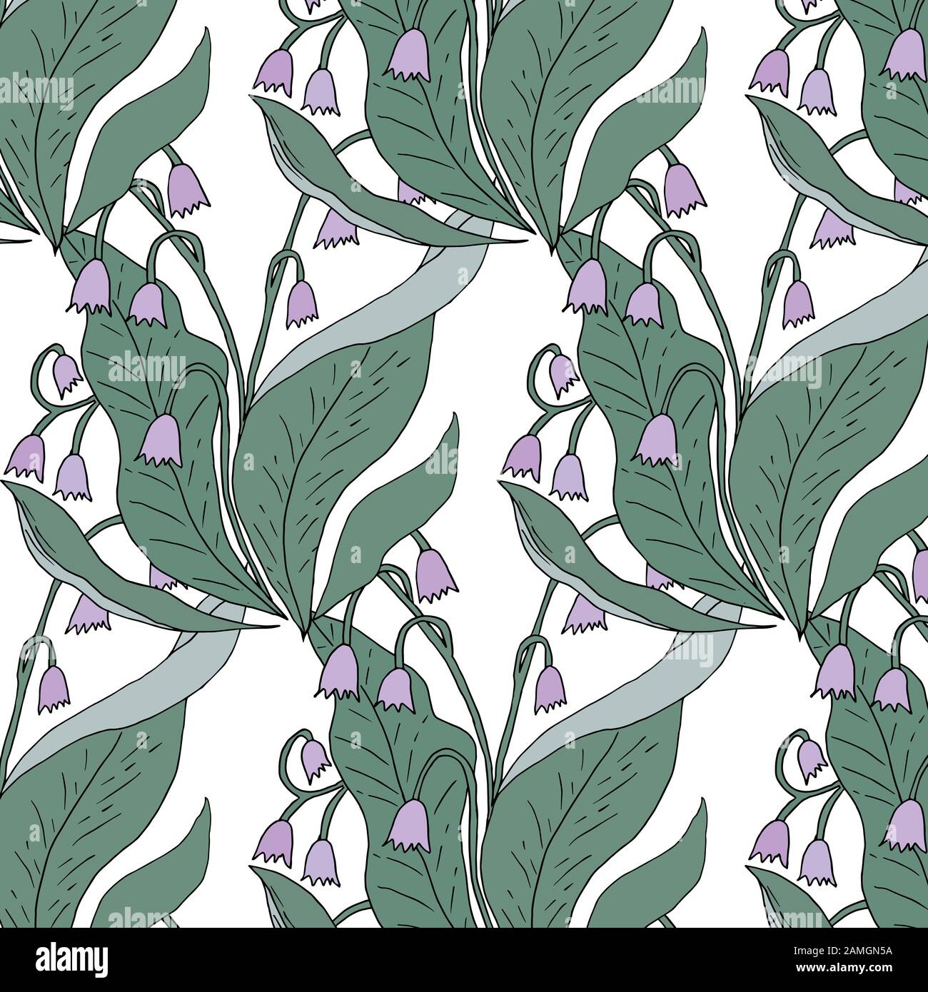 Lily of the Valley nahtloses Muster. Sie befindet sich im Farbfeld-Menü, Vektorbild. Sanfter Hintergrund für Design. Stock Vektor