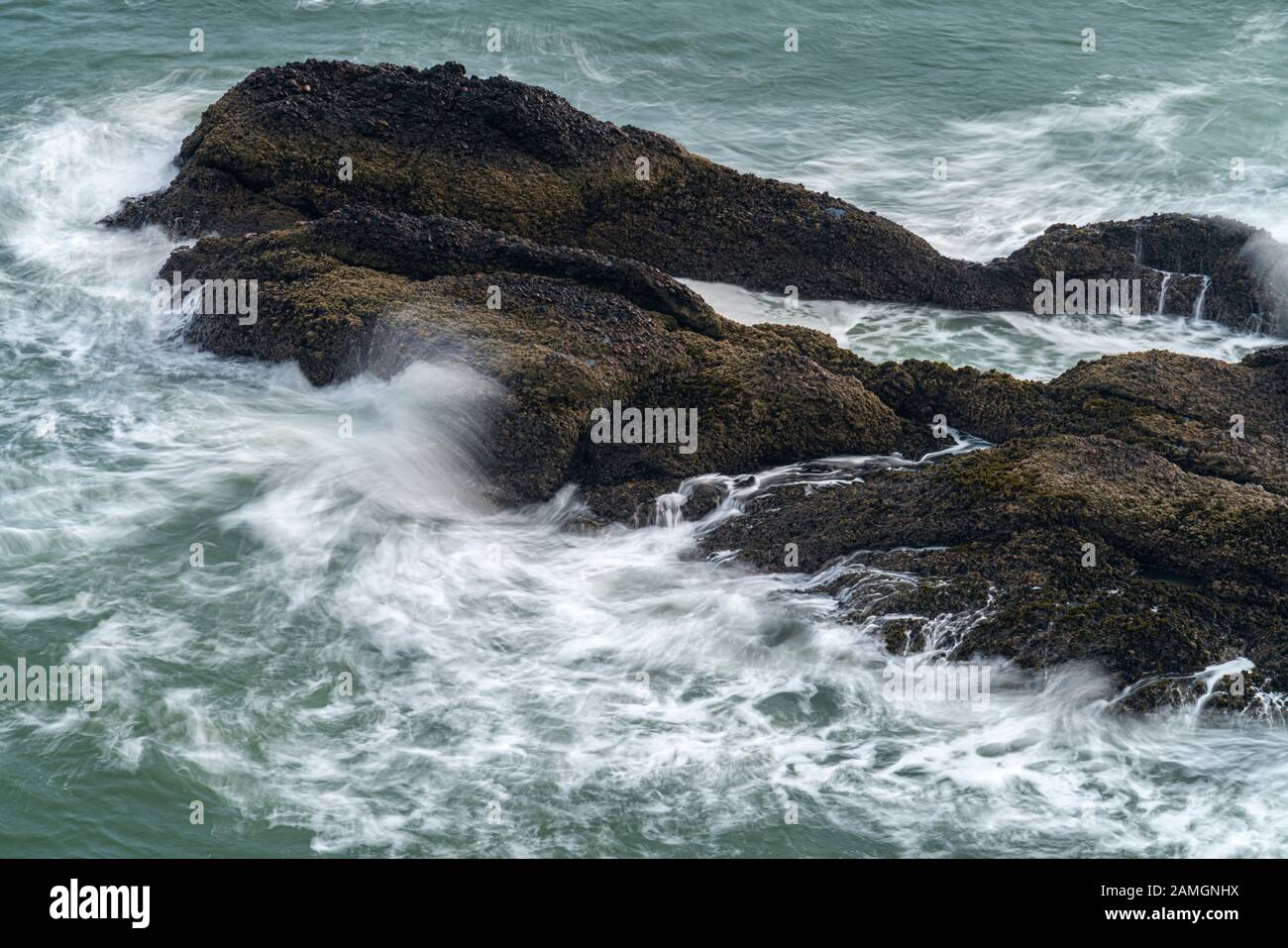 Wellen, die sich gegen die Konglomeratbildung waschen, rocken unterhalb von Dunottar Castle, Stonehaven, Schottland Stockfoto